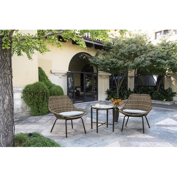 Outdoor Patio Garden Funiture Aruba 3PCS PE Wicker Rattan Coversation Seating Set W/2 Cushioned Deep Seating Chairs, 1PC Tile Top Side Table -Natural/Blue Wicker Cushion