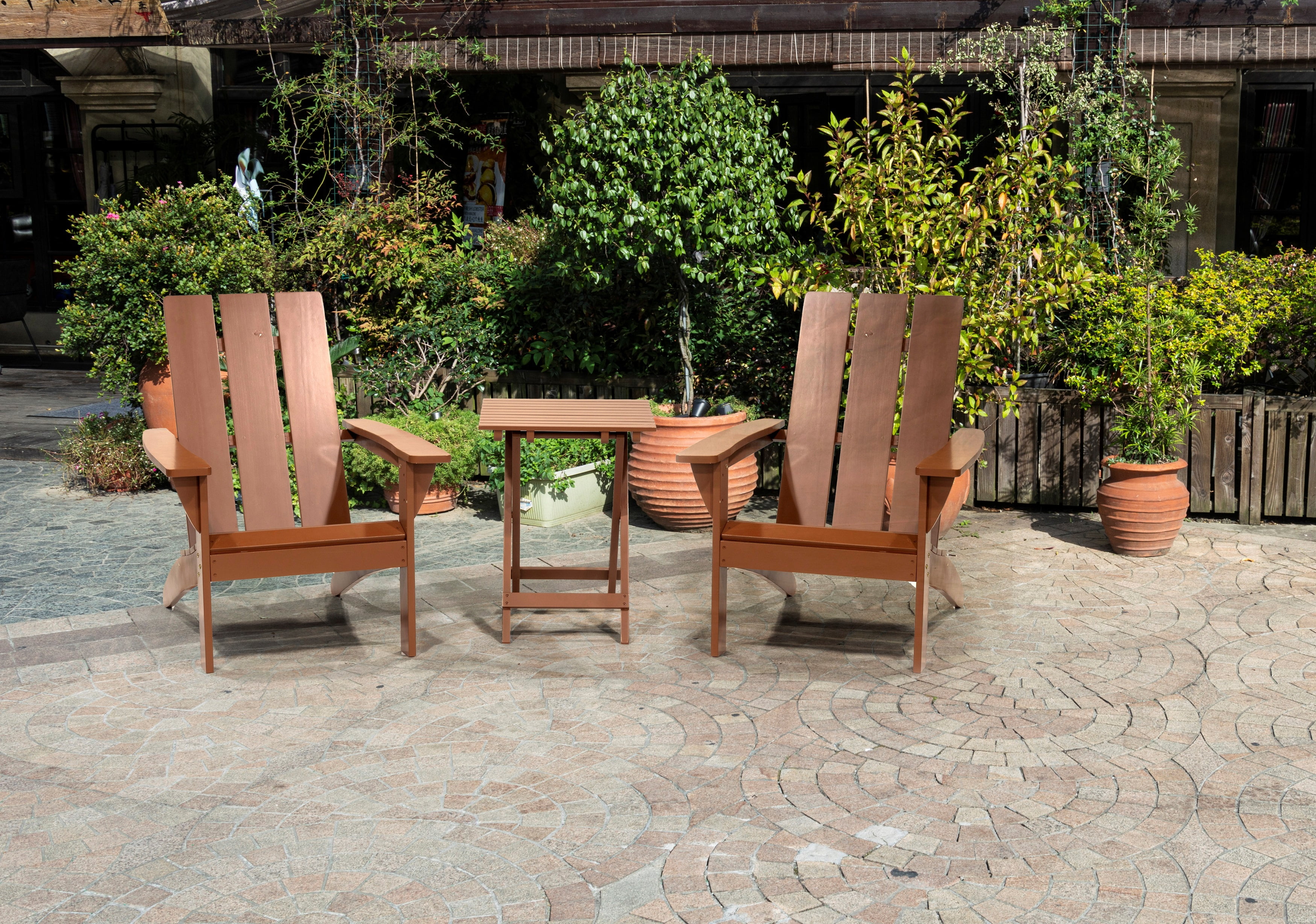 Outdoor Patio Garden Furniture 3-Piece Wood Adirondack Chair Set, Weather Resistant Finish,2 Adirondack Chairs and 1 Side Table-Brown