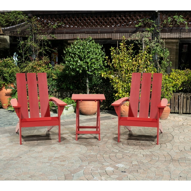 Outdoor Patio Garden Furniture 3-Piece Wood Adirondack Chair Set, Weather Resistant Finish,2 Adirondack Chairs and 1 Side Table-Red