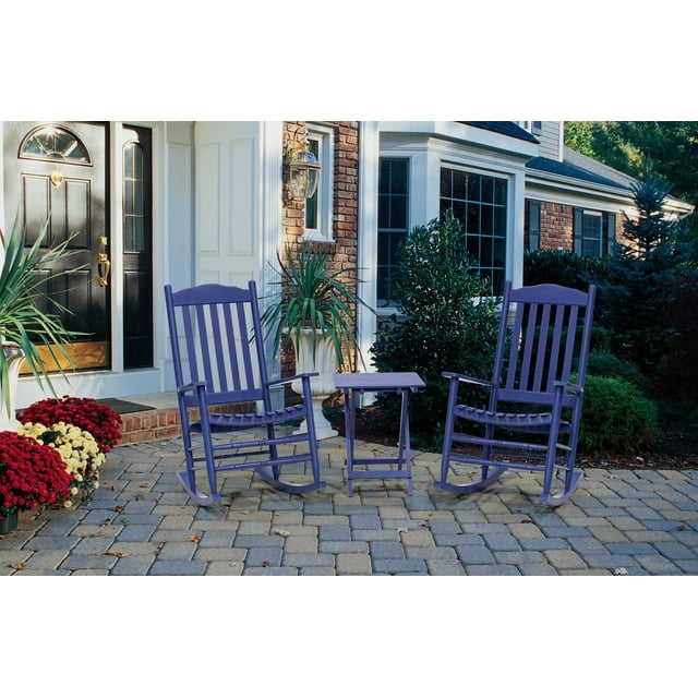 Outdoor Patio Garden Furniture 3-Piece Wood Porch Rocking Chair Set, Weather Resistant Finish,2 Rocking Chairs and 1 Side Table-Blue
