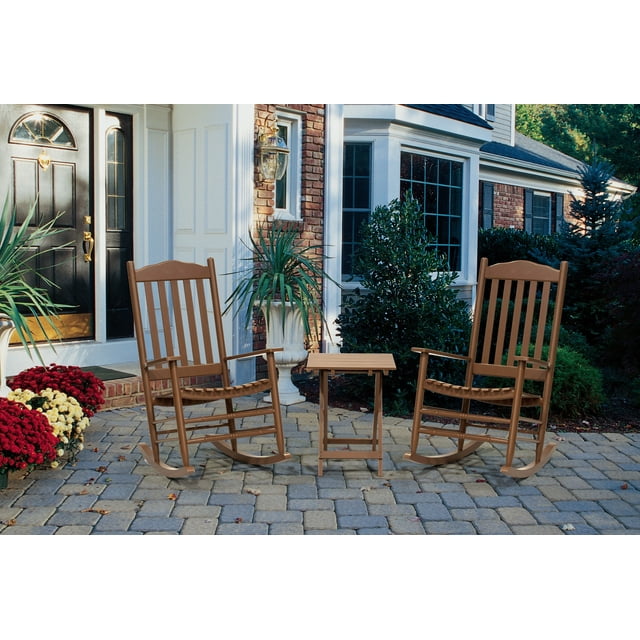 Outdoor Patio Garden Furniture 3-Piece Wood Porch Rocking Chair Set, Weather Resistant Finish,2 Rocking Chairs and 1 Side Table-Brown