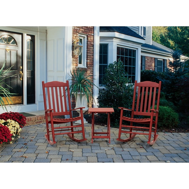 Outdoor Patio Garden Furniture 3-Piece Wood Porch Rocking Chair Set, Weather Resistant Finish,2 Rocking Chairs and 1 Side Table-Red