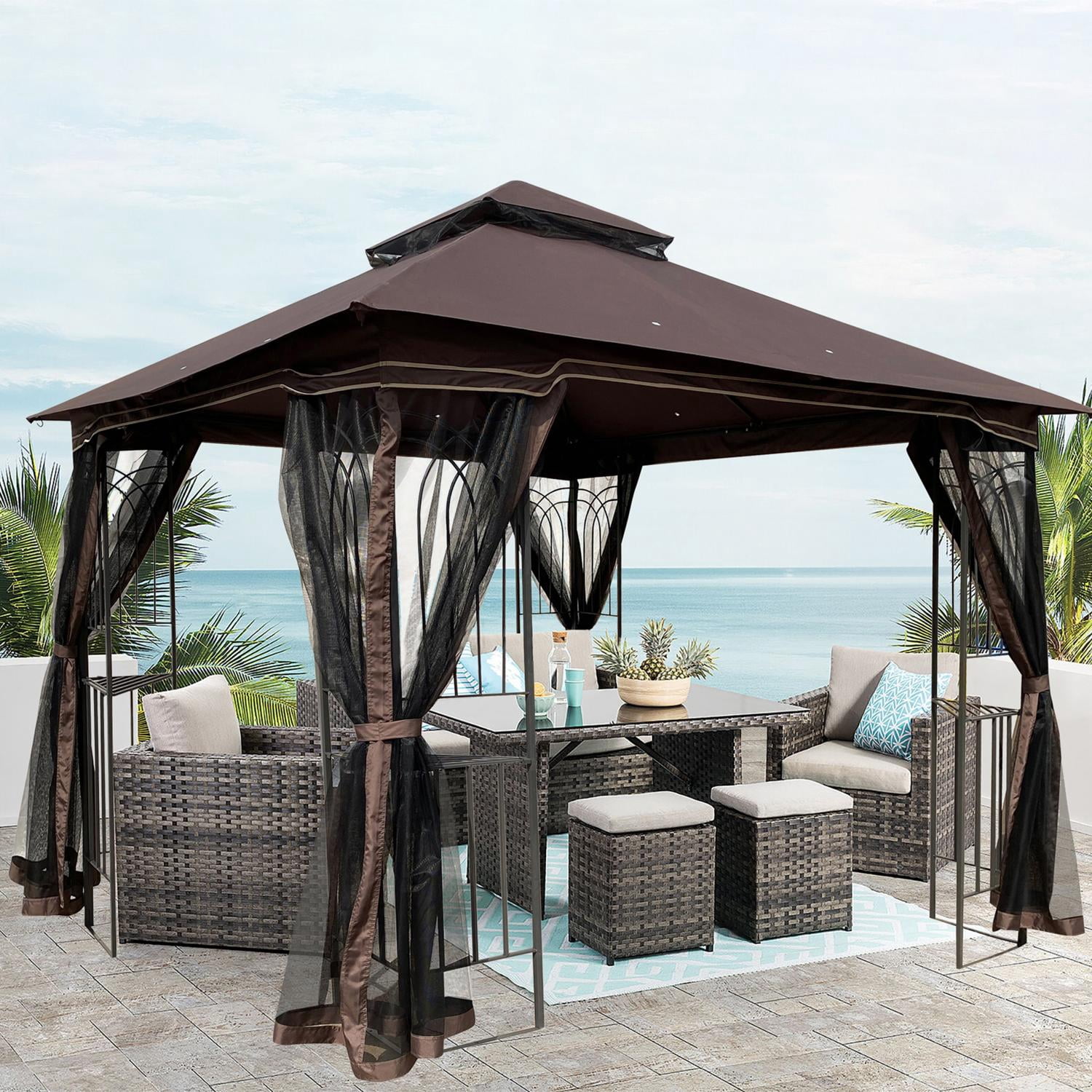 Outdoor Patio Gazebo 10x10 with Double Roof & Mosquito Net, Steel Frame Canopy Tent with Detachable Mesh Screens on All Sides, Backyard Shelter for Garden, Brown