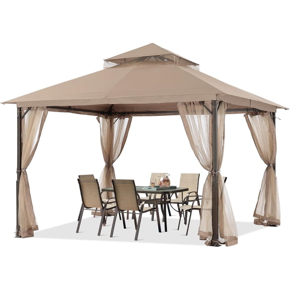 Outdoor Patio Gazebo 11x13 with Mosquito Netting, Khaki