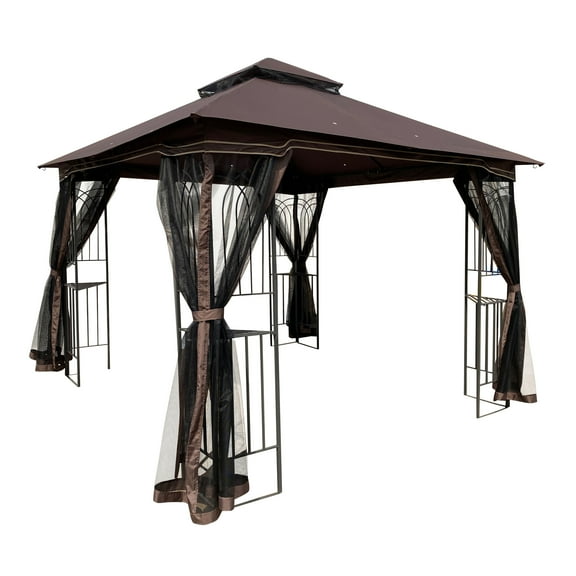 Outdoor Patio Gazebo Canopy Tent, 10x10 with Ventilated Double Roof, Mosquito Netting, Suitable for Lawn, Garden, Backyard, Deck - Brown Top