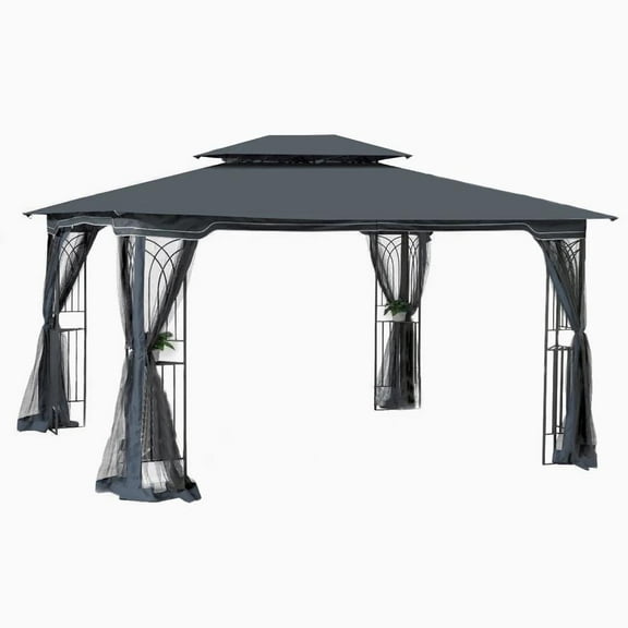 Outdoor Patio Gazebo Canopy Tent - Gray Top, Ventilated Double Roof & Detachable Mesh Mosquito Netting for Lawn, Garden, Backyard & Deck