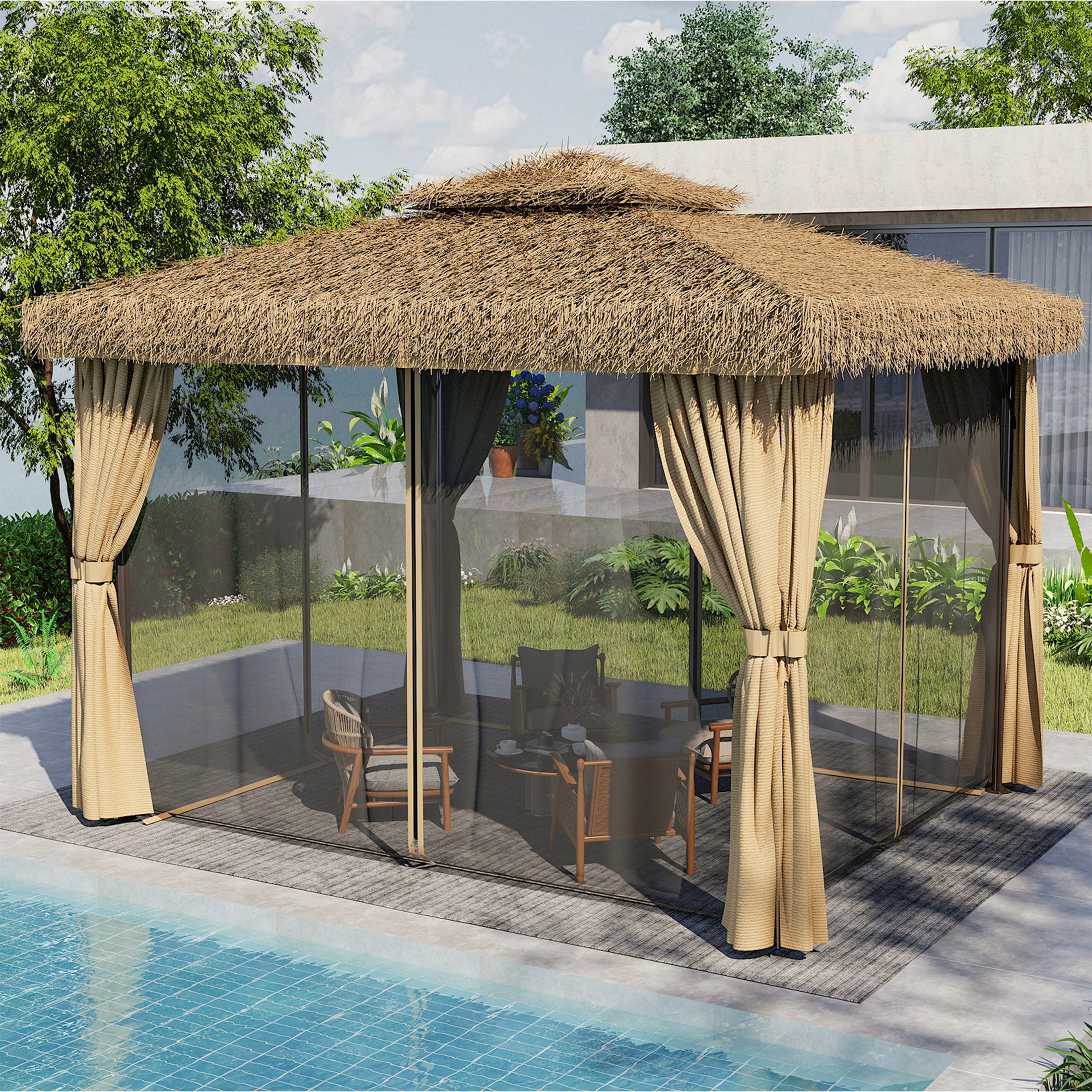 Outdoor Patio Gazebo,Hawaiian Style Thatch Roof,Double Canopy,Aluminum ...