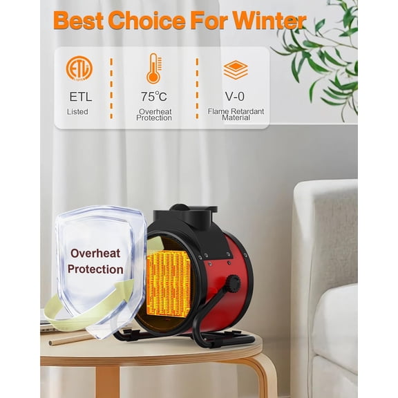 Outdoor Patio Heaters - 1500W Portable Electric Garage Heater with 2S Fast Heating, Overheat Protection, Heaters Heat Up in 3 Modes, Patio Heaters for Outdoors, Tents and Indoors, Red$$Garden & Patio