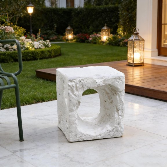 Outdoor Patio Karst Cave Inspired Side Table White, Sculptural Accent Table for Garden, Deck, Balcony, Poolside