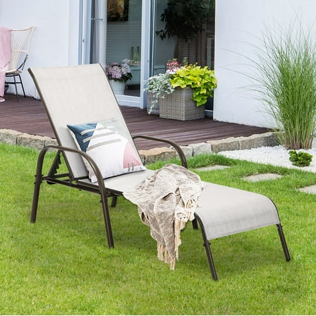 Costway Outdoor Patio Lounge Chair Chaise Fabric Adjustable Reclining Armrest Pool Grey