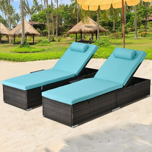 Outdoor Patio Lounge Furniture Set of 2, All-Weather Wicker Adjustable Backrest Recliners with Side Table, Pool Chaise Chairs Sets with Comfort Head Pillow, Glass Top Coffee Table, SS2343