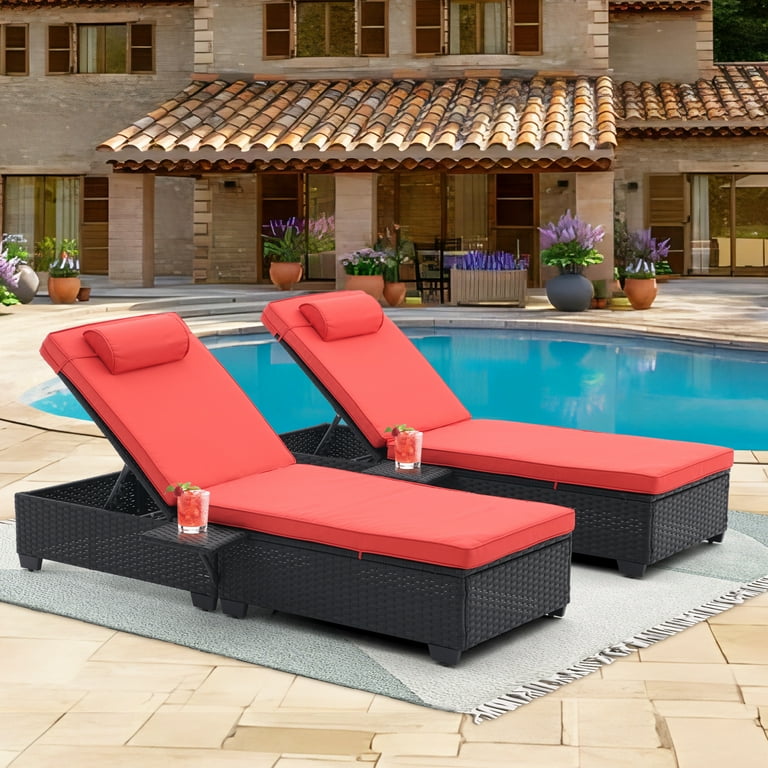 Outdoor Patio Lounge Recliner Chair with Adjustable Backrest Side Shelf for Garden Yard Poolside Rattan Recliner Set of 3 Red Walmart