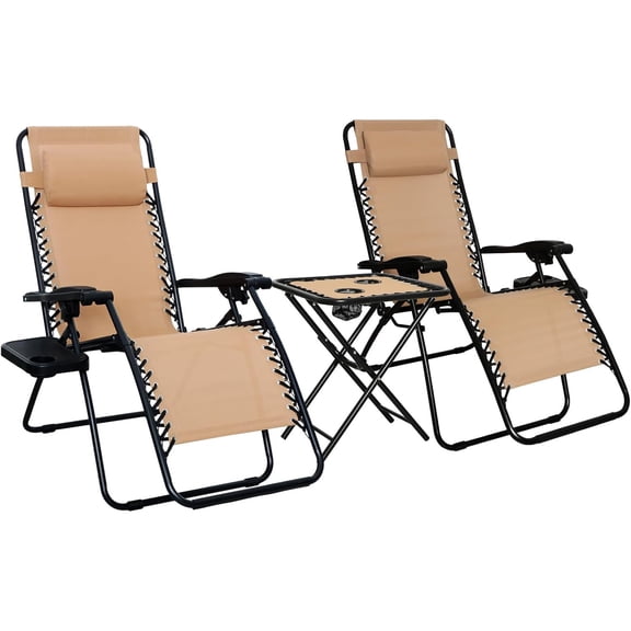Outdoor Patio Mesh Adjustable Zero Gravity Lounge Chair Recliners set of 2 with Side Table, 35 x 26 x 43 inches, Beige