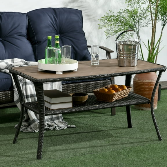 Outdoor Patio PE Rattan Coffee Table with Storage Shelf, Wicker Side Table with Wood-Plastic Composite Top, Mixed Brown