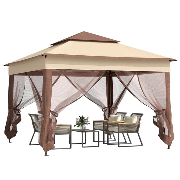 Outdoor Patio Pop Up Canopy Gazebo Shelter with Zipper Netting, Carry Bag, 11' x 11', Khaki