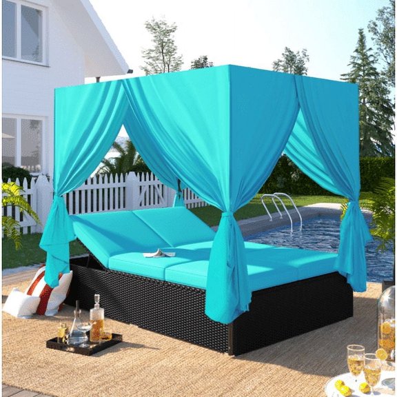 Harper & Bright Designs Outdoor Patio Rattan Daybed with Canopy and Overhead Curtains, Sunbed Daybed with Removable Cushions and Adjustable Seat, Wicker Sunbed for Balcony, Poolside Orange, Blue