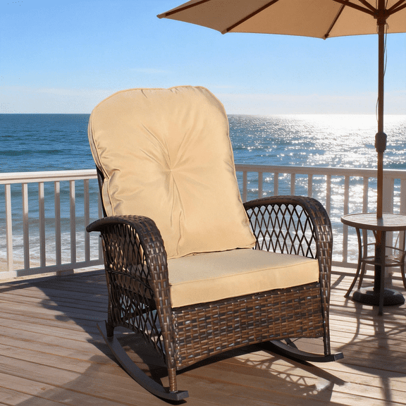 Outdoor Patio Rattan Rocking Chair ,All-Weather Wicker Rocking Chair for Porch,with Thick Cushions, Wide Seat, , Balcony & Backyard Patio Furniture,Brown