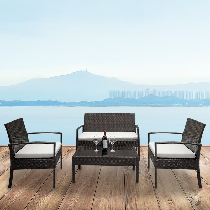 Outdoor Black Rattan Wicker 4-Piece Set with White Cushions