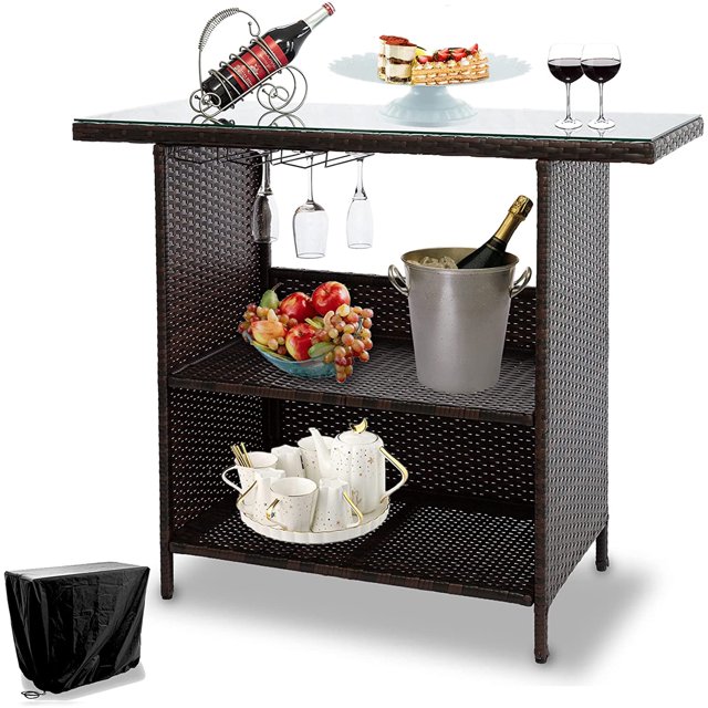 Foowin Outdoor Rattan Wicker Bar Table, Waterproof & UV Resistant