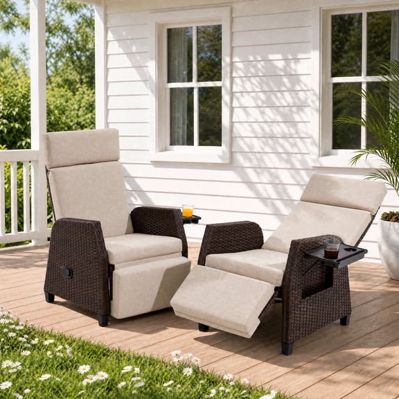 Outdoor Patio Recliner Chair, 180°Reclining Patio Chairs with Adjustable Backrest Flip up Table, Beige, 2PCS
