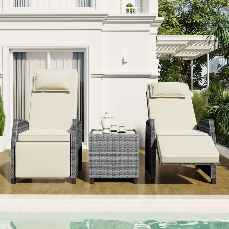 Outdoor Patio Recliner Chair with Coffee Table Adjustable Ratten