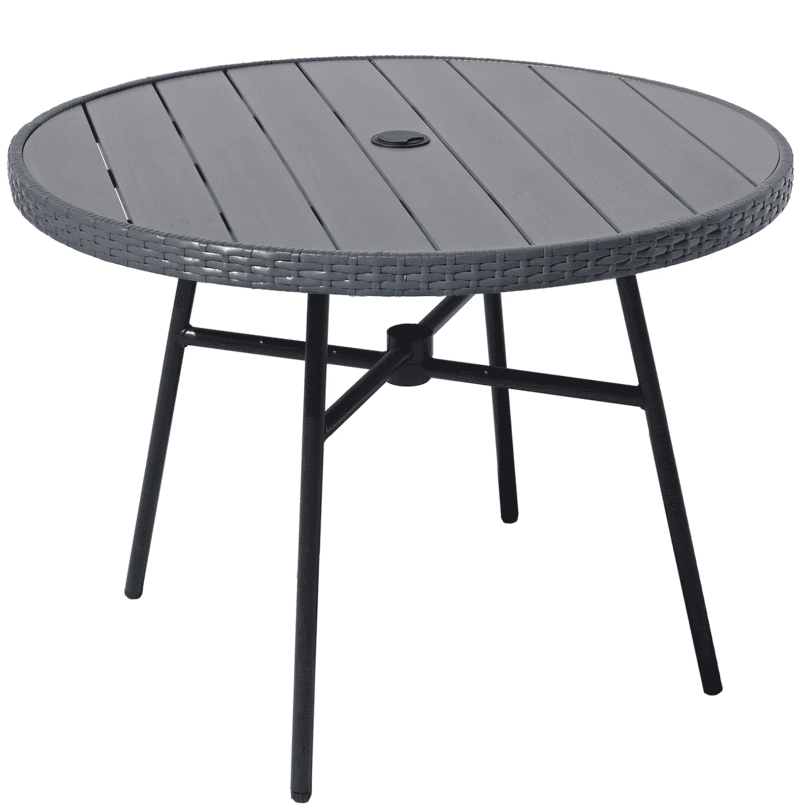 Outdoor Patio Round Dining Table, 36.8" All-Weather Plastic Wood Slatted Top with Adjustable Umbrella Hole, Ideal for Deck Lawn Garden Backyard, Seats 4-6