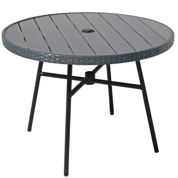 Outdoor Patio Round Dining Table, 36.8" Plastic Wood Slatted Round Tabletop with Umbrella Adjustable Hole for Deck Lawn Garden Backyard Balcony