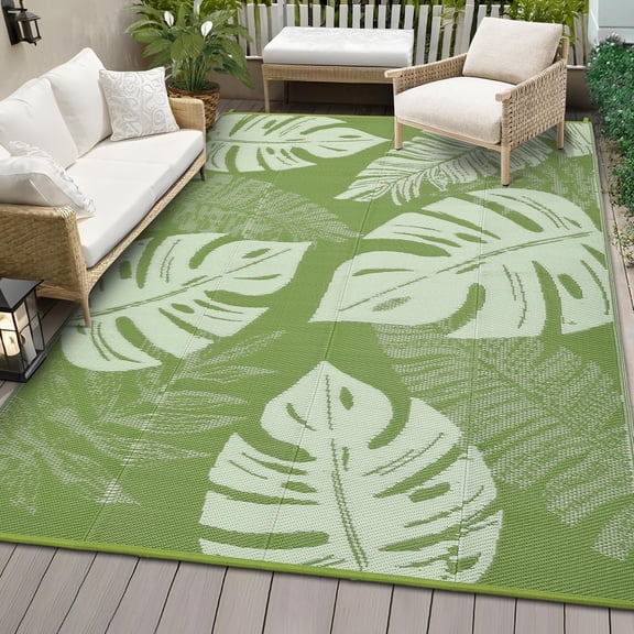 Outdoor Patio Rug 9x12 Waterproof Plastic Straw Rug Reversible UV Resistant Camping Mat, Foldable Lightweight RV Picnic Mat with Portable Bag, Modern Outdoor Carpet for Yard, Sage Green