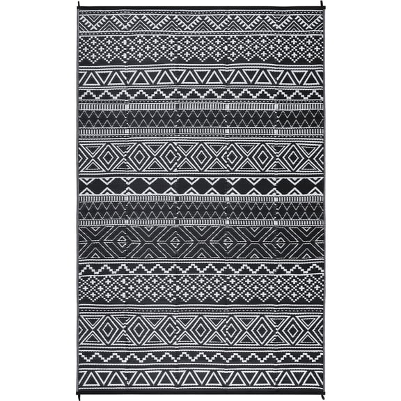 Outdoor Patio Rug 9x12ft – Waterproof, Reversible Plastic Straw, Modern Geometric Black & White, Lightweight, Collapsible, Easy Clean, UV Resistant – Black and White