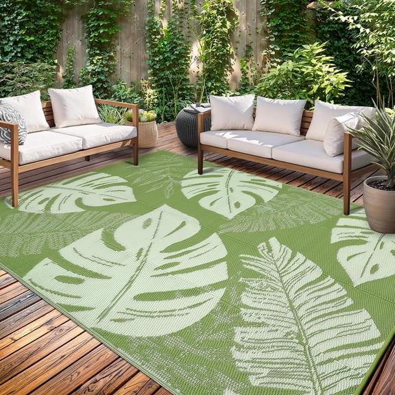 Outdoor Patio Rug 9x18 Waterproof Plastic Straw Rug Reversible UV Resistant Camping Mat, Foldable Lightweight RV Picnic Mat with Portable Bag, Modern Outdoor Carpet for Yard, Sage Green