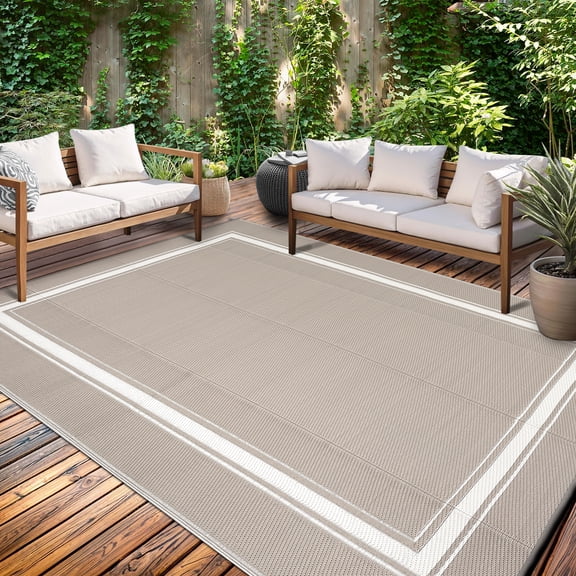 Outdoor Patio Rug 9x18ft Waterproof Reversible Plastic Straw Rug, Outdoor Area Rug, Camping Rug for Patio, Deck, Balcony, RV, Pool, Picnic & Beach, Gray/white