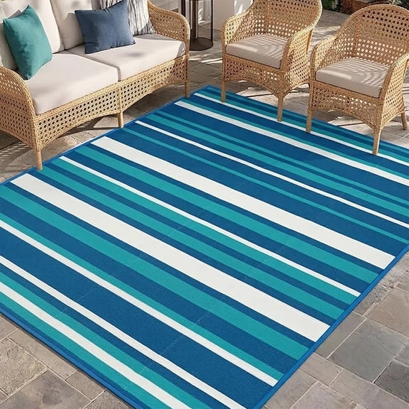 Outdoor Patio Rug Camping Essentials - 5x8 FT Outdoor Plastic Straw Rug for Patio Clearance, Waterproof RV Essentials Outside Area Rugs for Deck Garden, Backyard Patio Furniture Set, Blue