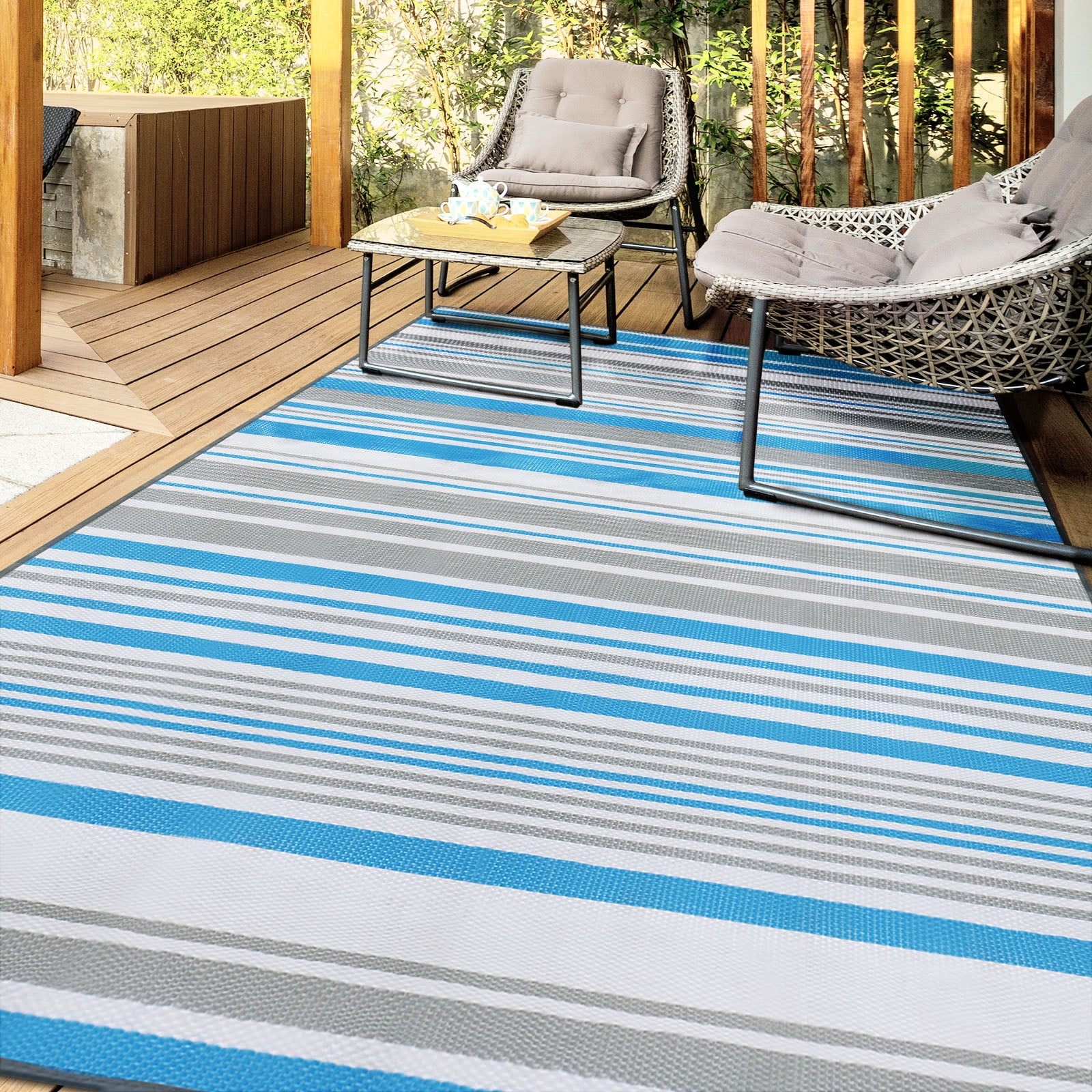 LEEVAN Black and White Outdoor Rug 4x6, Cotton Washable Outdoor Patio Rug,  Black Striped Reversible Rug for Balcony Decor, Woven Durable Entryway Rug