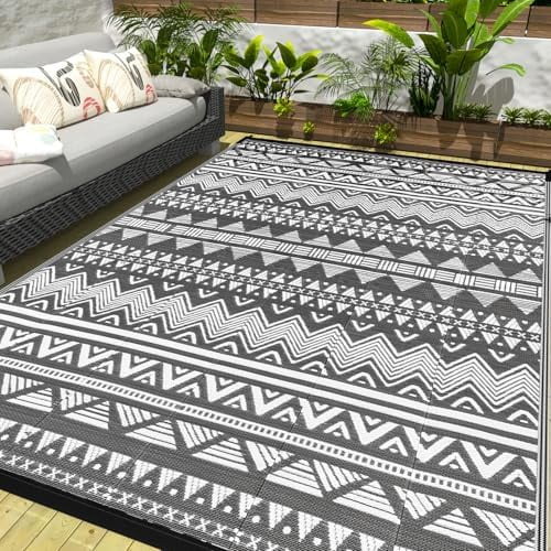 Outdoor Patio Rugs 8x10 Waterproof Outdoor Plastic Straw Rug Reversible Outdoor Rug 8x10 Clearance Rv Mat UV Fade Resistant ,Stain Resistant, Grey White Outside Rug for Deck,Balcony,Camping,Pool
