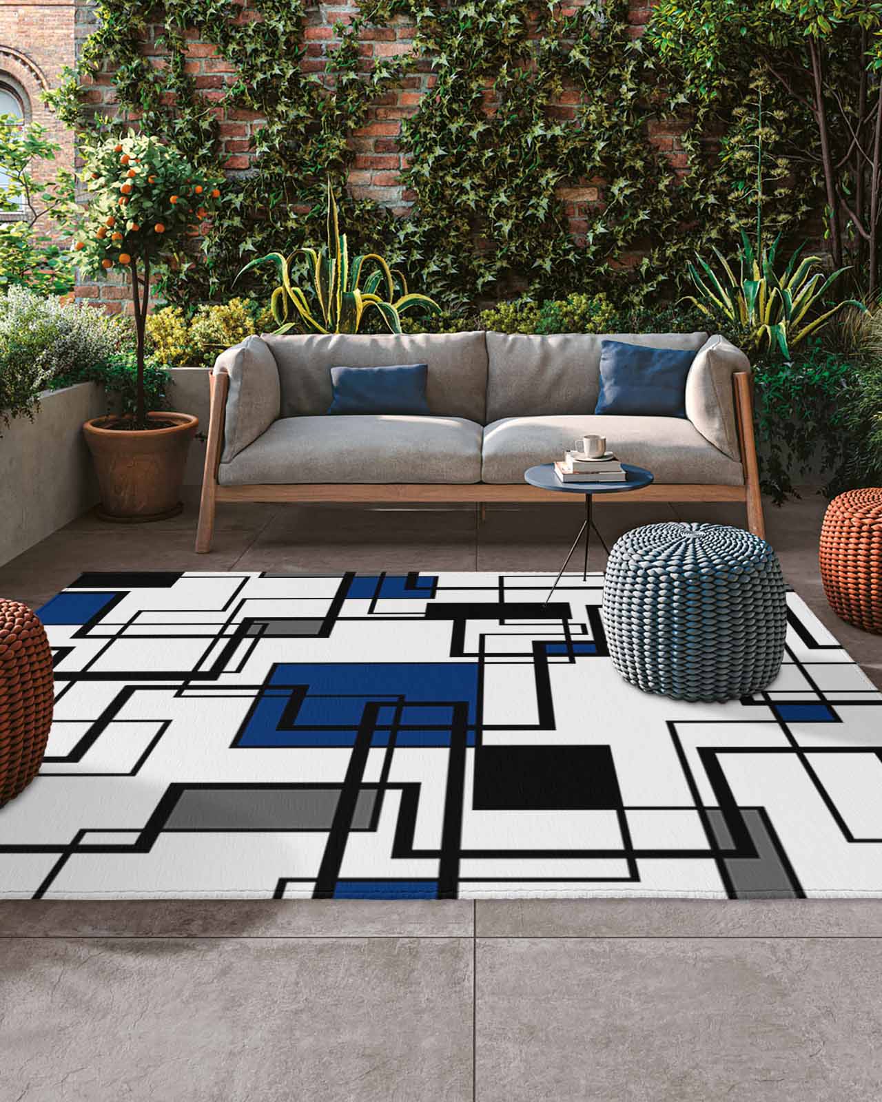 Outdoor Patio Rugs Blue Black Lines Outdoor Area Rug Abstract Geometric ...