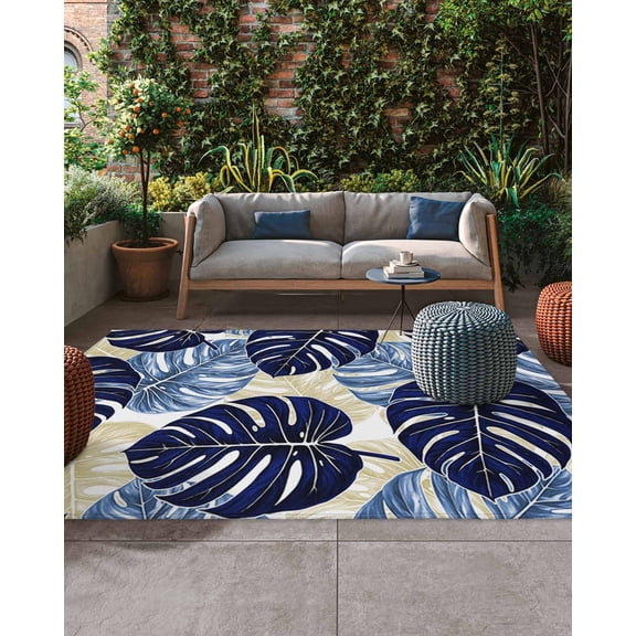 Outdoor Patio Rugs Blue Palm Leaves Outdoor Area Rug Tropical Plant Tortoise Non-Slip Backyard/Camping RV Rug/Deck/Porch Rug Front Door Floor Mat Carpet, 5x7ft