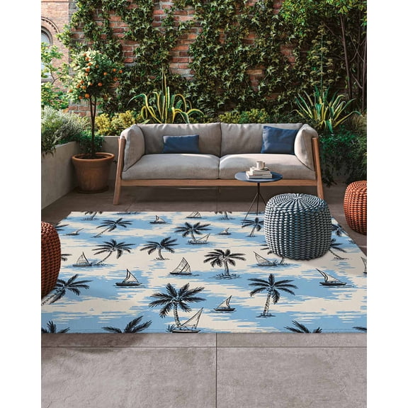 Outdoor Patio Rugs Coconut Palm Trees Outdoor Area Rug Sailing Surfing Vacation Non-Slip Backyard/Camping RV Rug/Deck/Porch Rug Front Door Floor Mat Carpet, 5x7ft
