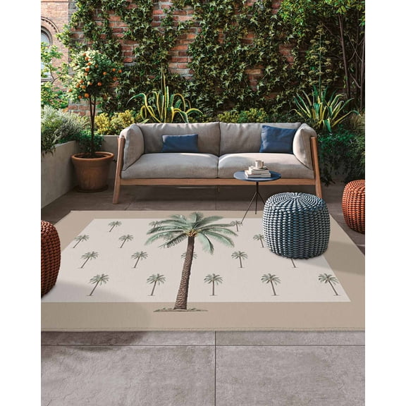 Outdoor Patio Rugs Coconut Palm Trees Outdoor Area Rug Summer Tropical Plants Non-Slip Backyard/Camping RV Rug/Deck/Porch Rug Front Door Floor Mat Carpet, 5x7ft