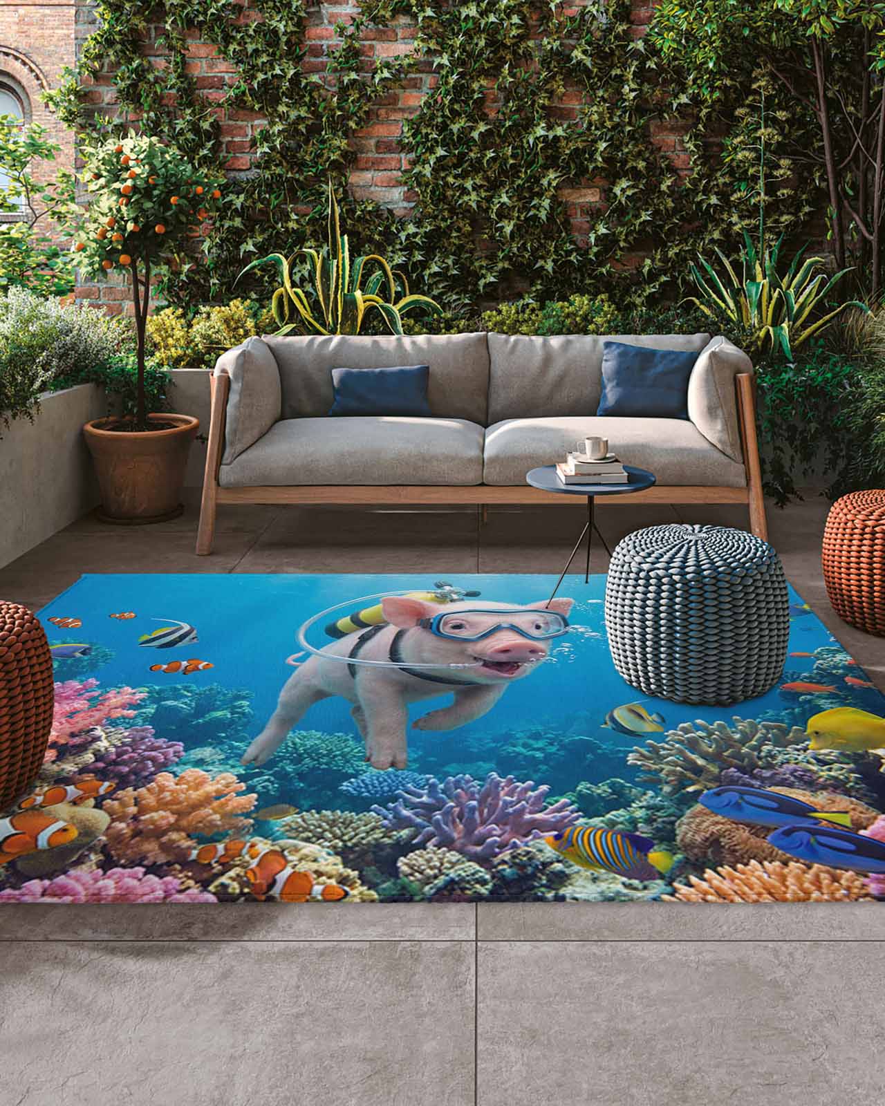 Outdoor Rugs With Fish Outdoor Patio Rugs Diving Pig Outdoor Area Rug Funny Animal Fish Coral ...