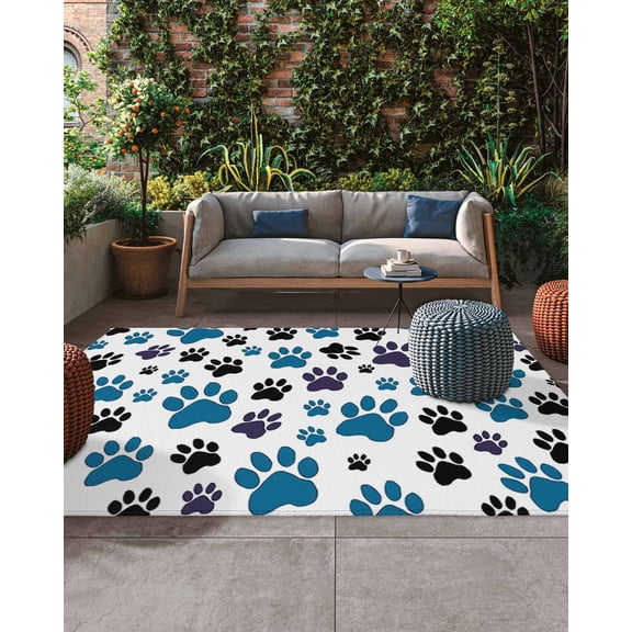 Outdoor Patio Rugs Dog Paw Print Outdoor Area Rug Black Blue White Animal Pattern Non-Slip Backyard/Camping RV Rug/Deck/Porch Rug Front Door Floor Mat Carpet, 5x7ft