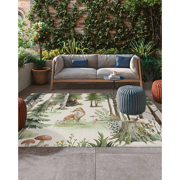 Outdoor Patio Rugs Forest Animal Outdoor Area Rug Woodland Trees Bear Fox Deer Bird Non-Slip Backyard/Camping RV Rug/Deck/Porch Rug Front Door Floor Mat Carpet, 5x7ft