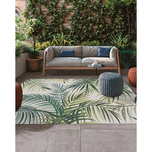 Outdoor Patio Rugs Green Palm Leaves Outdoor Area Rug Tropical Leaf Plant Non-Slip Backyard/Camping RV Rug/Deck/Porch Rug Front Door Floor Mat Carpet, 5x7ft