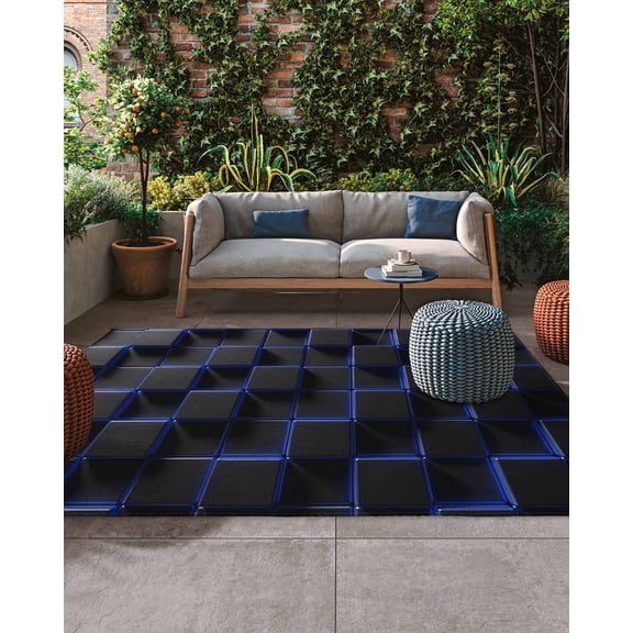 Outdoor Patio Rugs Navy Blue Black Cubes Outdoor Area Rug Modern Artificial Non-Slip Backyard/Camping RV Rug/Deck/Porch Rug Front Door Floor Mat Carpet, 5x7ft