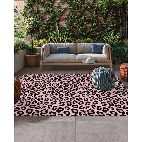 Outdoor Patio Rugs Pink Leopard Print Outdoor Area Rug Luxury Animal Fur Pattern Non-Slip Backyard/Camping RV Rug/Deck/Porch Rug Front Door Floor Mat Carpet, 5x7ft