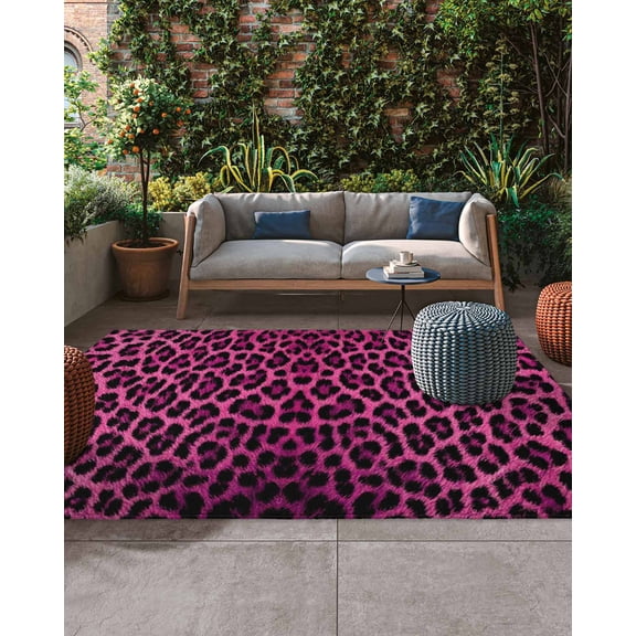 Outdoor Patio Rugs Pink Leopard Print Outdoor Area Rug Retro Animal Fur Pattern Non-Slip Backyard/Camping RV Rug/Deck/Porch Rug Front Door Floor Mat Carpet, 5x7ft