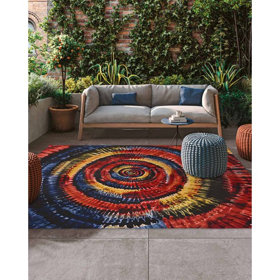Outdoor Patio Rugs Yellow Black Tie-Dye Art Outdoor Area Rug Abstract Boho Tribe Non-Slip Backyard/Camping RV Rug/Deck/Porch Rug Front Door Floor Mat Carpet, 5x7ft