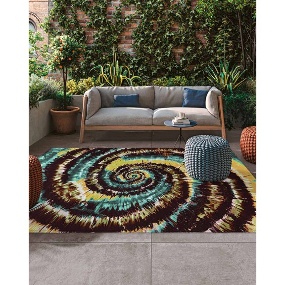 Outdoor Patio Rugs Yellow Teal Tie-Dye Art Outdoor Area Rug Abstract Boho Tribe Non-Slip Backyard/Camping RV Rug/Deck/Porch Rug Front Door Floor Mat Carpet, 5x7ft
