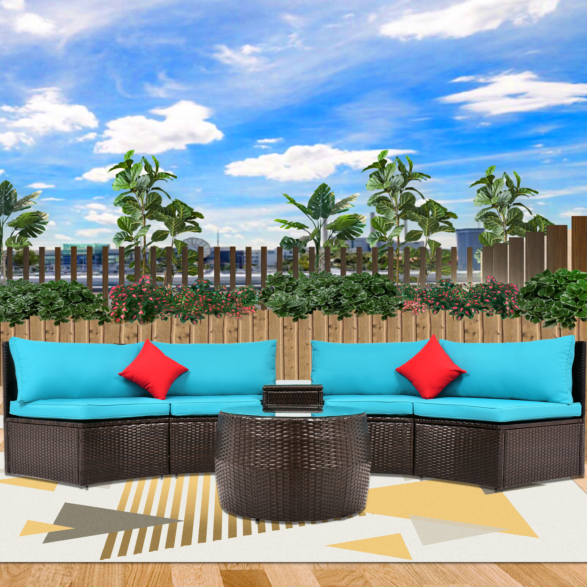 Outdoor Patio Sectional Furniture Wicker Sofa Set, 4-Piece Wicker Patio Conversation Furniture Set with 2 Double Half-Moon Sofa, 1 Coffee Table, 1 Side Table, 2 Pillow, Blue Padded Cushions, S1605 - image 1 of 9