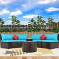 thumbnail image 1 of Outdoor Patio Sectional Furniture Wicker Sofa Set, 4-Piece Wicker Patio Conversation Furniture Set with 2 Double Half-Moon Sofa, 1 Coffee Table, 1 Side Table, 2 Pillow, Blue Padded Cushions, S1605, 1 of 9
