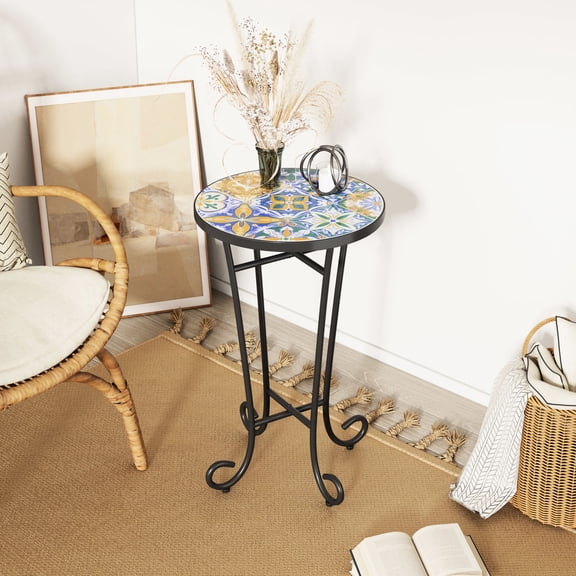 Outdoor Patio Side Table | Adds French Country Charm to Porch or Deck | Powder-Coated Steel Frame with Ceramic Tile Top | Leveling Legs for Uneven Ground